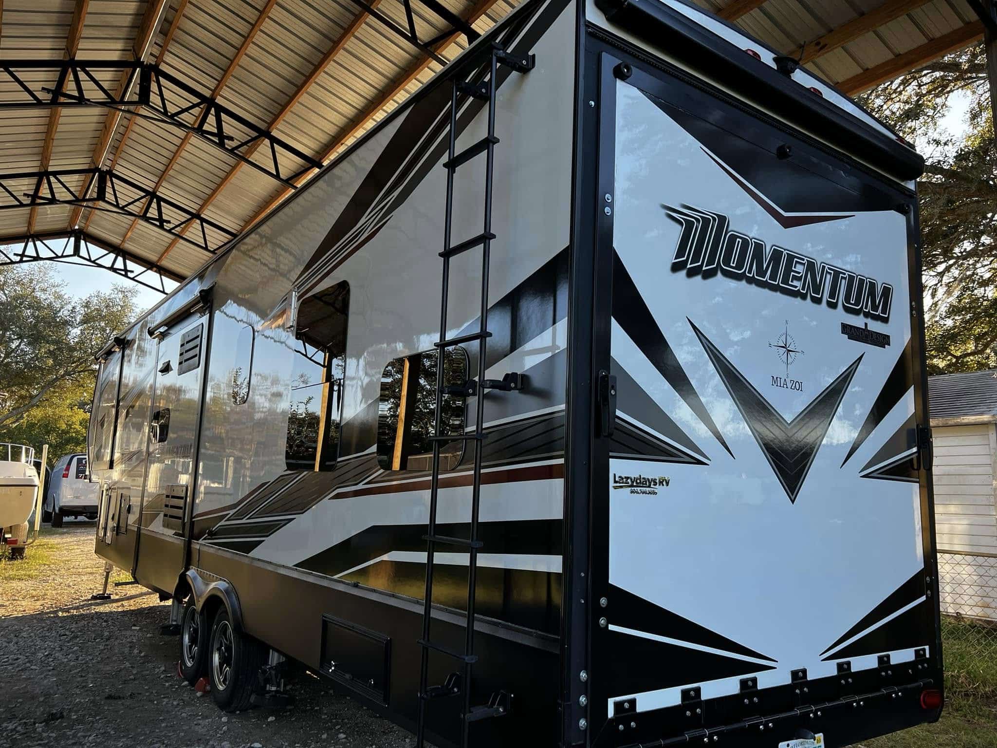 Ceramic coated Grand Design Momentum RV showing glossy finish worth the coating cost