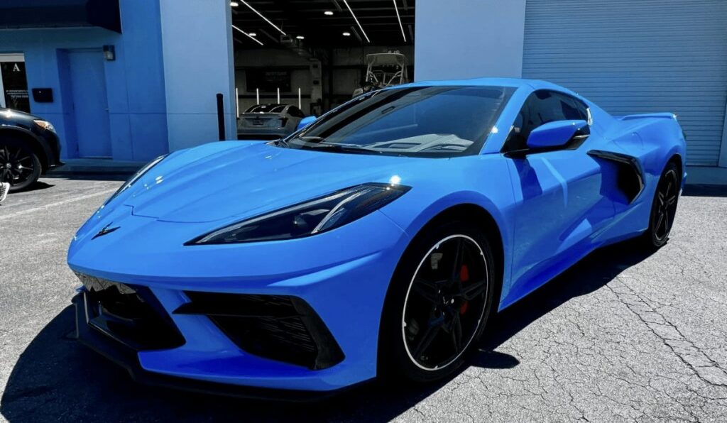 Blue Chevrolet Corvette with ceramic window tint at Conforti Auto & Marine Detailing in Palm Harbor, FL