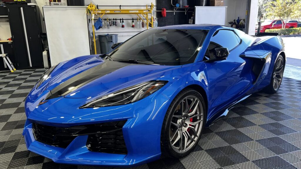 Blue Chevrolet Corvette after paint protection film and ceramic coating at Conforti Detailing in Tampa Bay