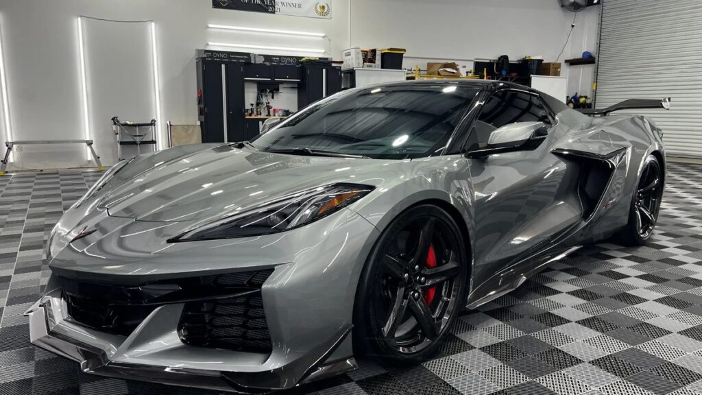 Gray Chevrolet Corvette with paint protection film at Conforti Auto & Marine Detailing in Tampa Bay