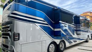 Blue and silver King Aire luxury motorhome after a ceramic coating at Conforti Auto & Marine Detailing in Palm Harbor, FL