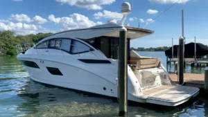 Sea Ray Sundancer after a marine ceramic coating, docked in Tampa Bay